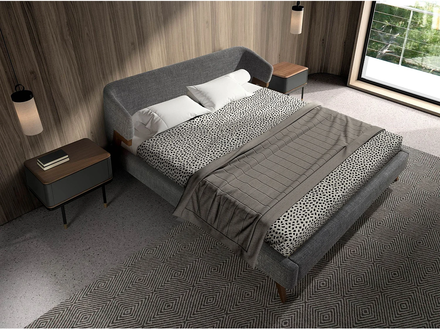 Nachttisch aus matt dunkelgrauem Holz, schwarzem Stahl und Walnussplatte 7170 ANGEL CERDA