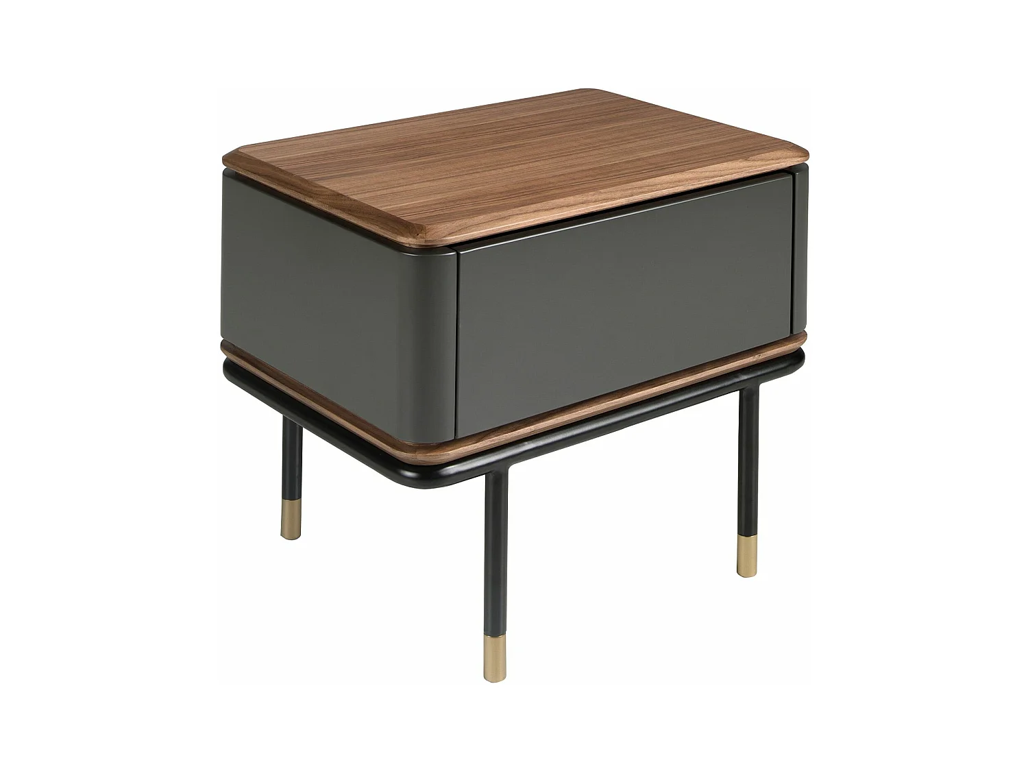 Table de nuit en bois gris foncé mat, acier noir et plateau en noyer