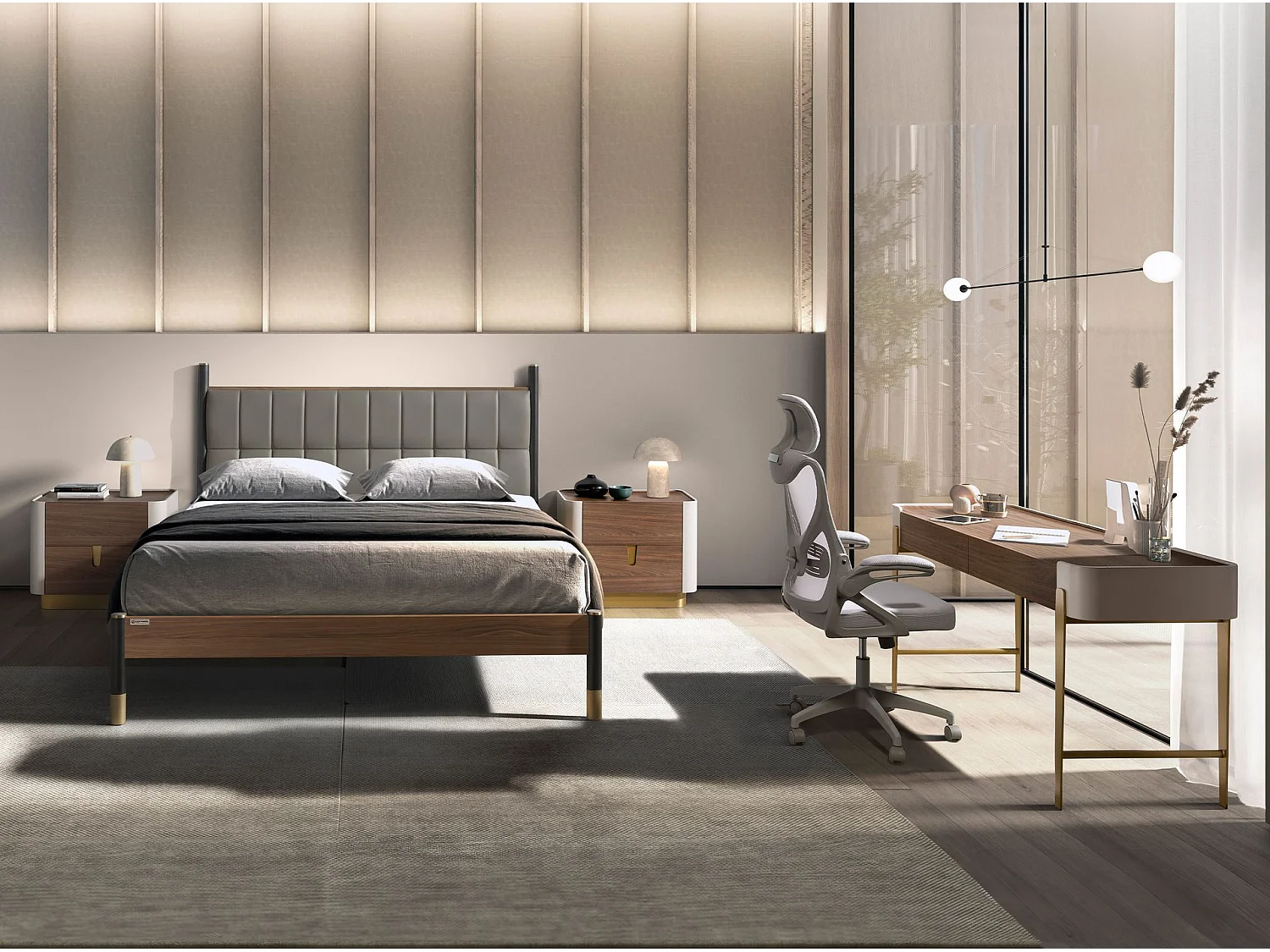 Table de nuit en bois gris foncé mat, acier noir et plateau en noyer 7170 ANGEL CERDA