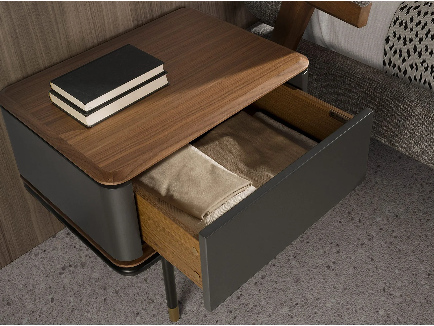 Bedside table in matt dark grey wood, black steel and walnut top 7170 ANGEL CERDA
