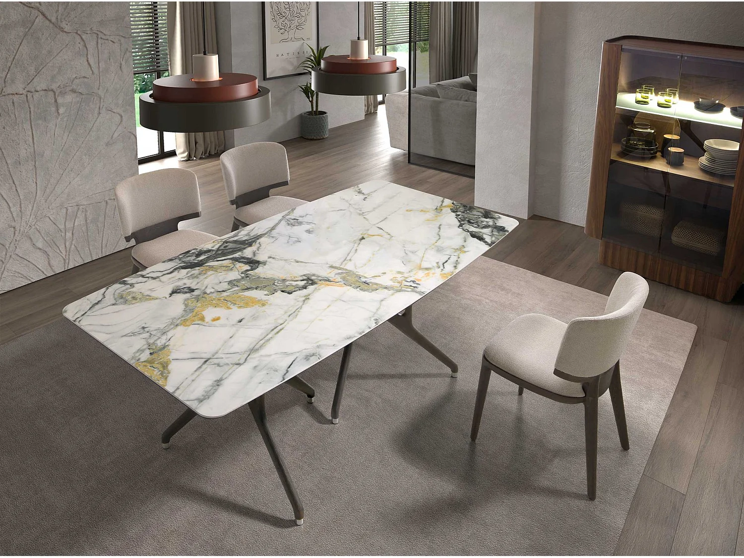 Mesa de jantar retangular em mármore de porcelana e nogueira escura