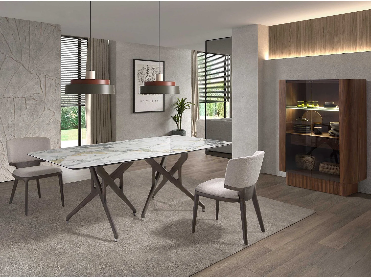 Mesa de jantar retangular em mármore de porcelana e nogueira escura