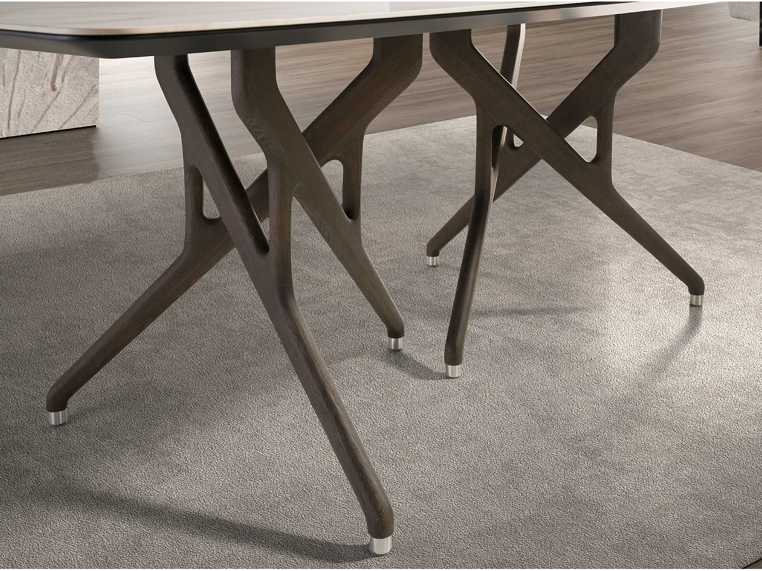 Mesa de jantar retangular em mármore de porcelana e nogueira escura