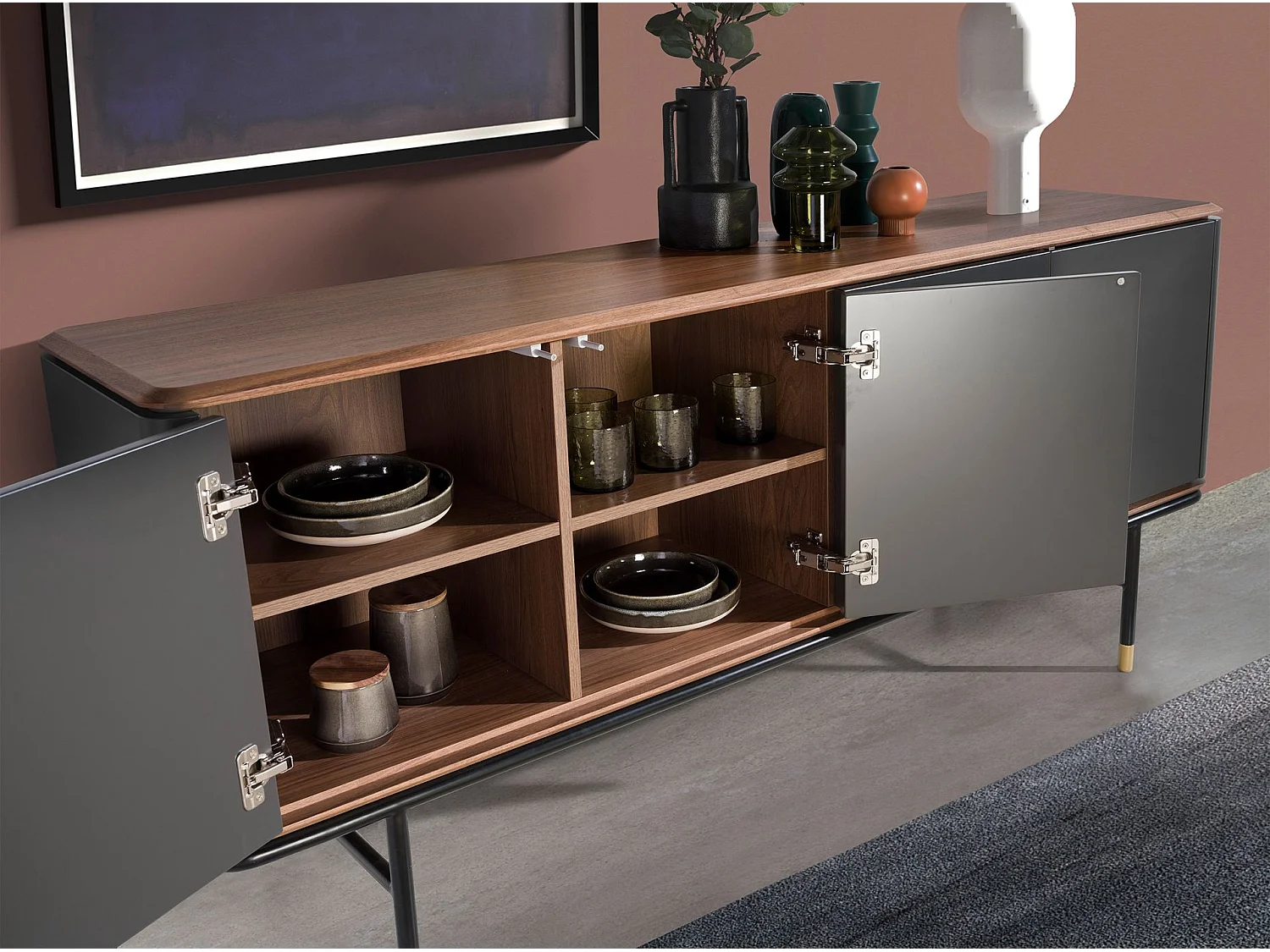 Sideboard aus dunkelgrauem Holz, schwarzem Stahl und Walnussplatte 3264 ANGEL CERDA