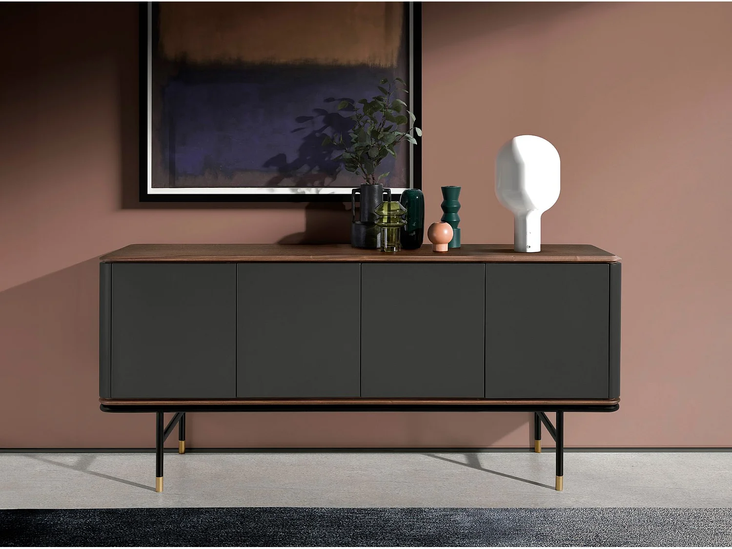 Sideboard aus dunkelgrauem Holz, schwarzem Stahl und Walnussplatte 3264 ANGEL CERDA