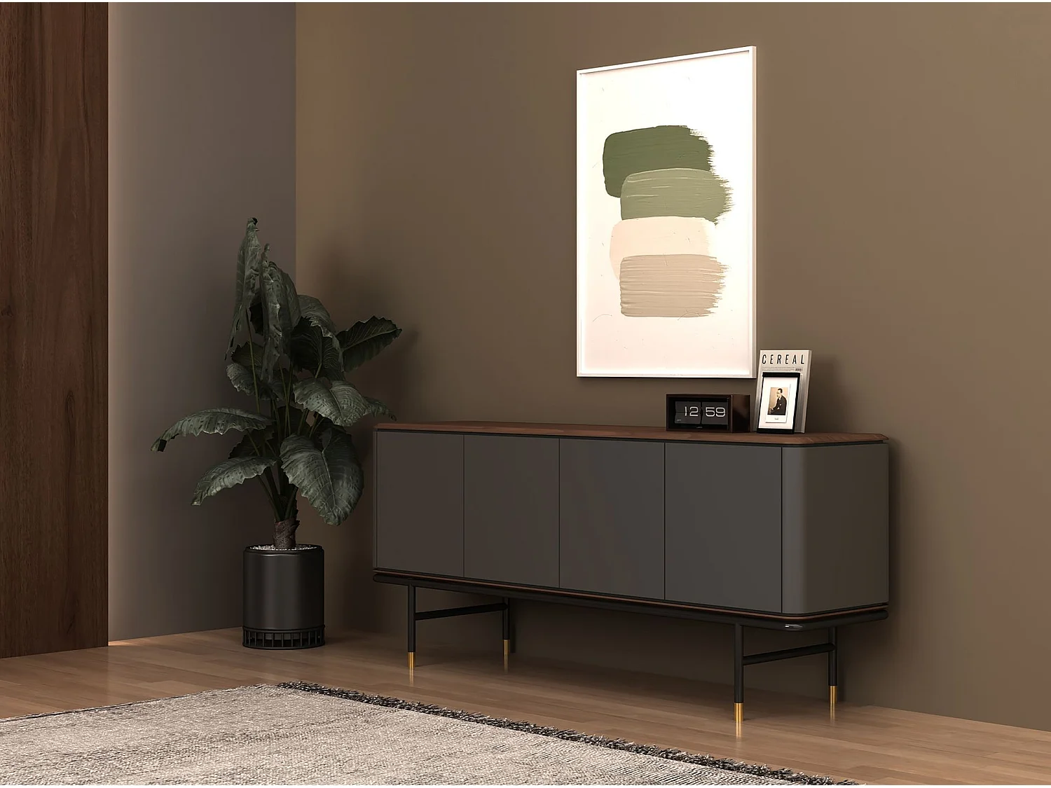 Sideboard aus dunkelgrauem Holz, schwarzem Stahl und Walnussplatte 3264 ANGEL CERDA