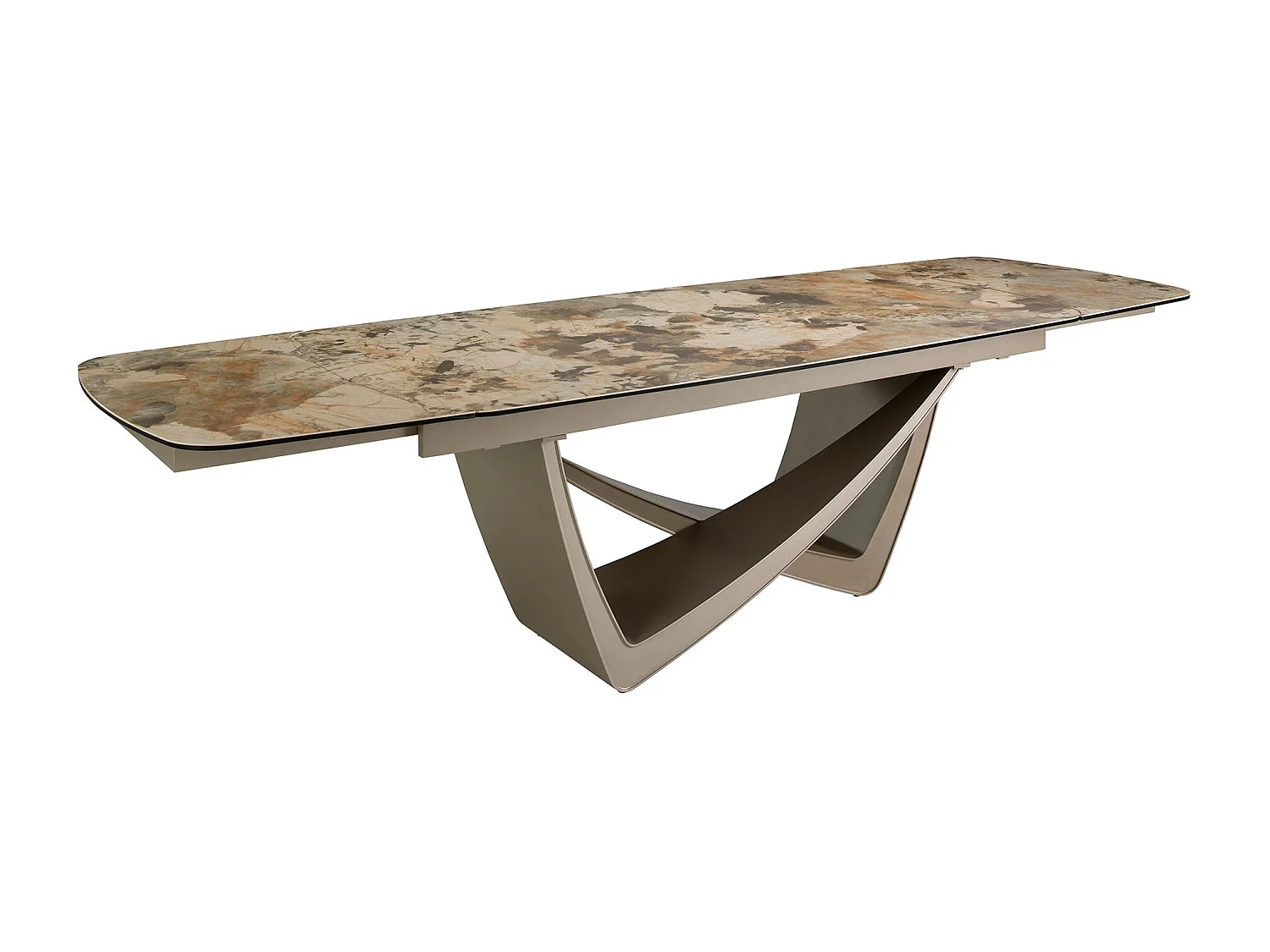 Tavolo da pranzo allungabile ovale a botte in marmo porcellanato e acciaio metallizzato taupe