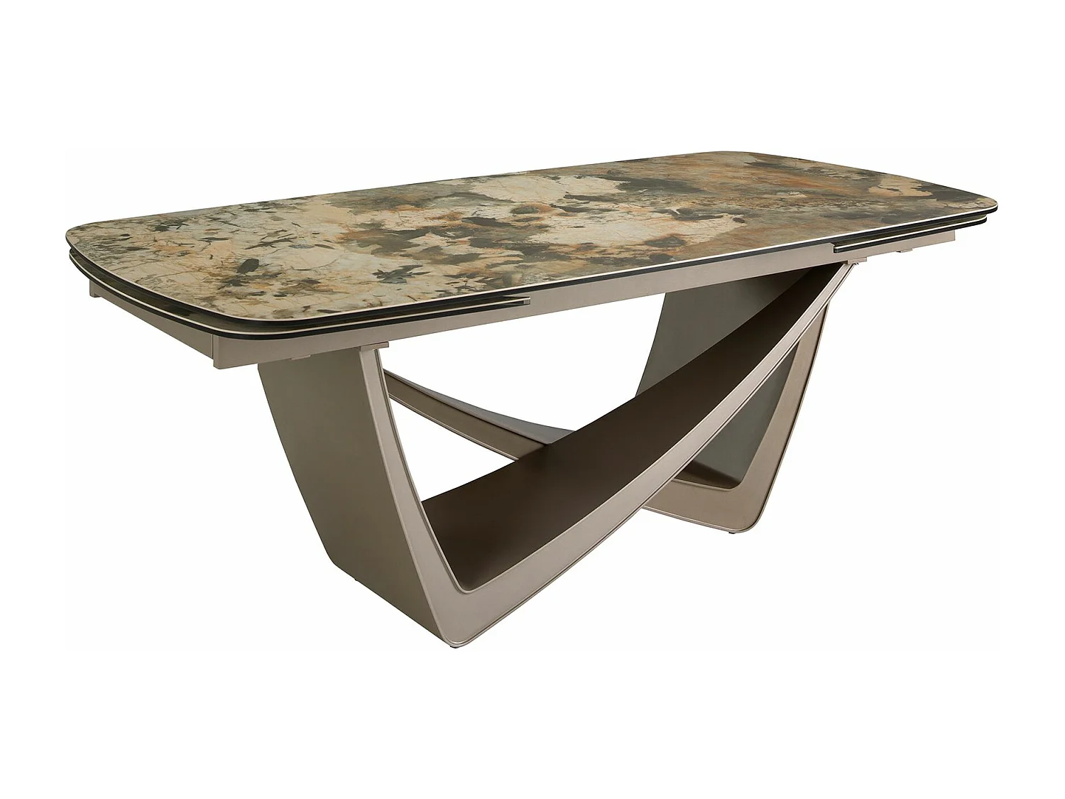 Tavolo da pranzo allungabile ovale a botte in marmo porcellanato e acciaio metallizzato taupe