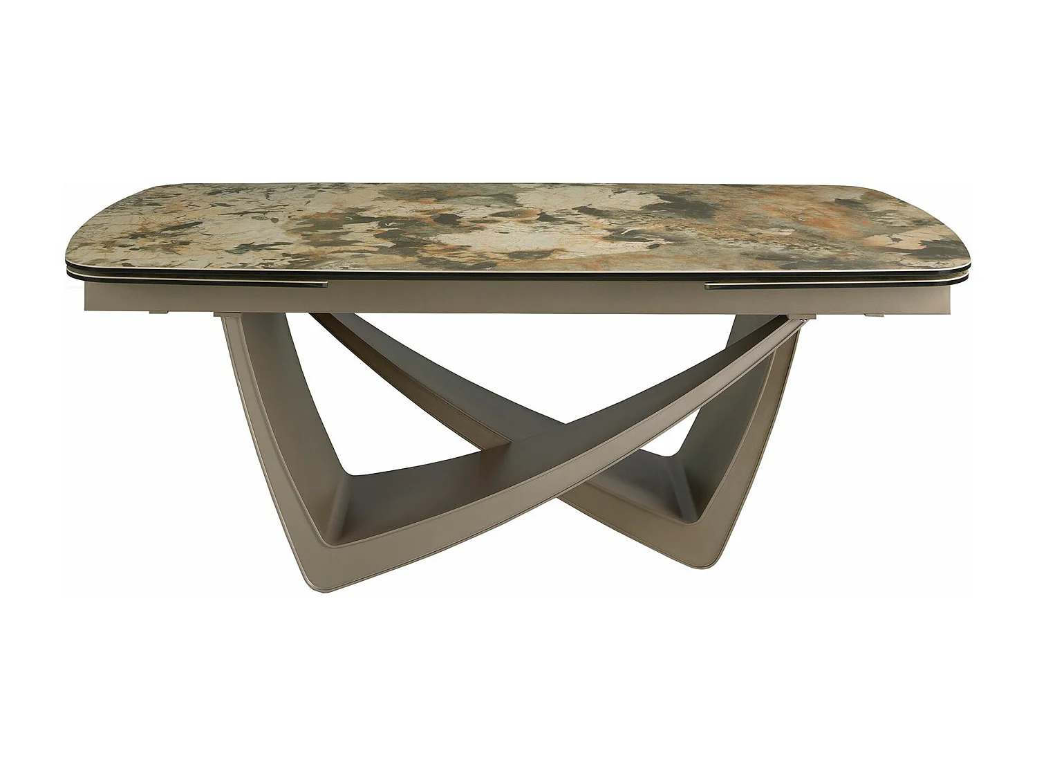 Tavolo da pranzo allungabile ovale a botte in marmo porcellanato e acciaio metallizzato taupe