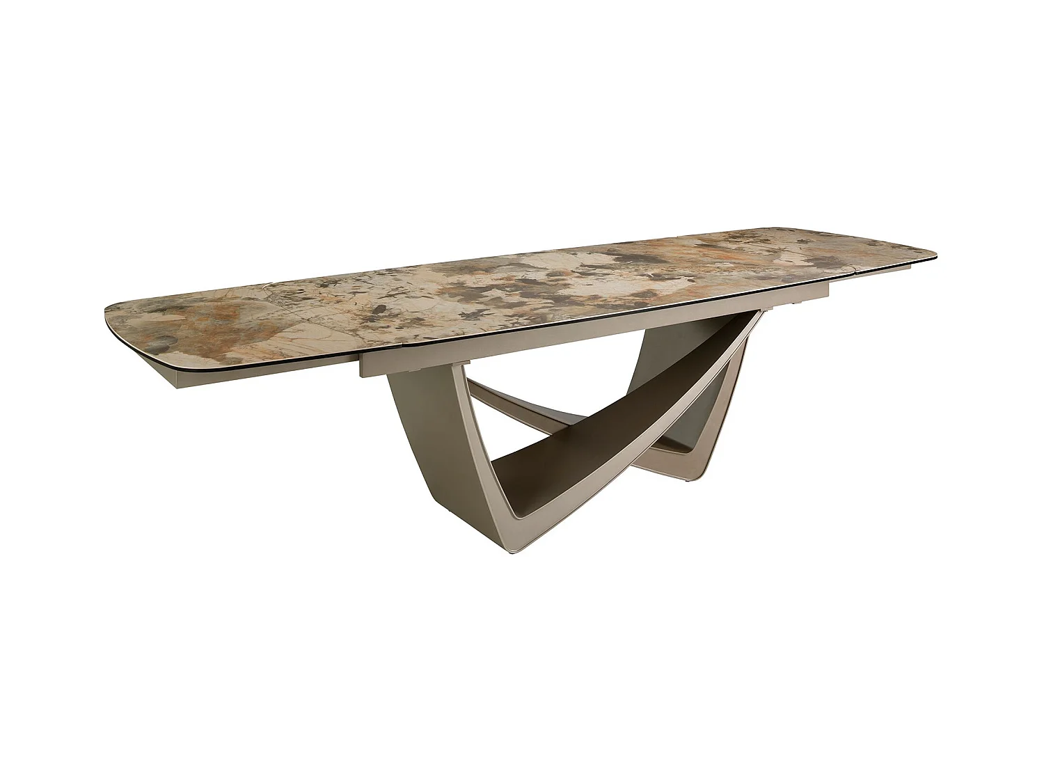 Table de salle à manger à rallonge ovale tonneau marbre porcelaine et acier taupe métallisé