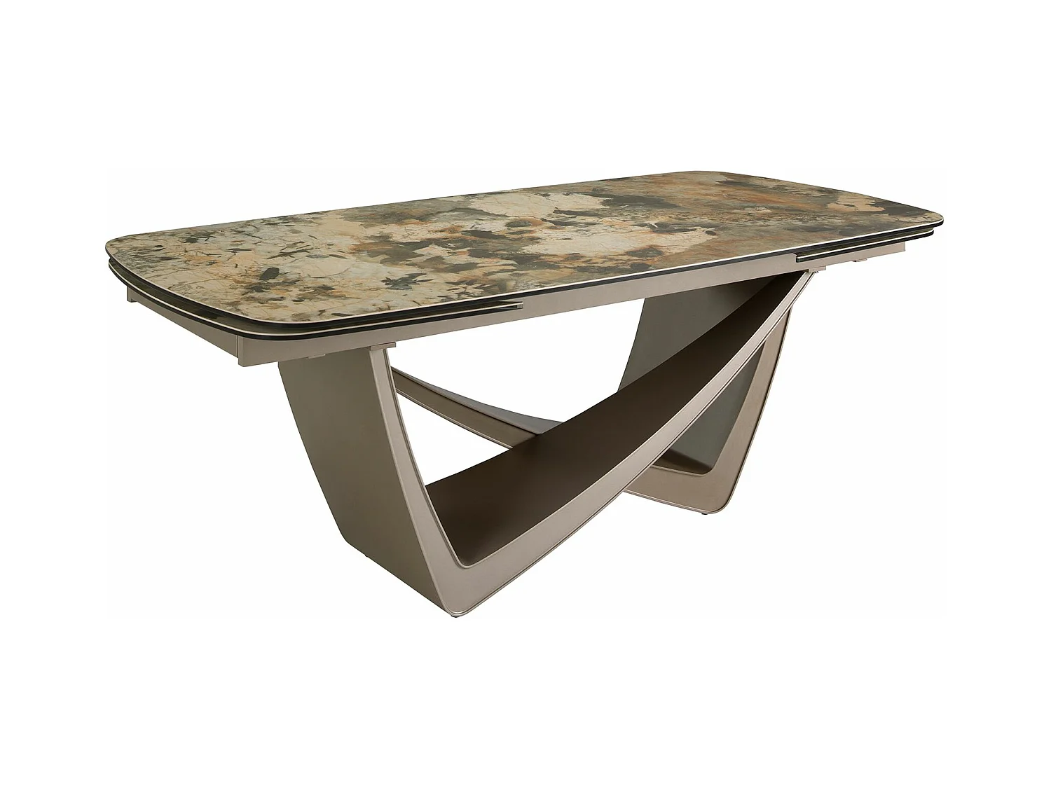 Ovale uitschuifbare eettafel ovaal vat porselein marmer en taupe metallic staal