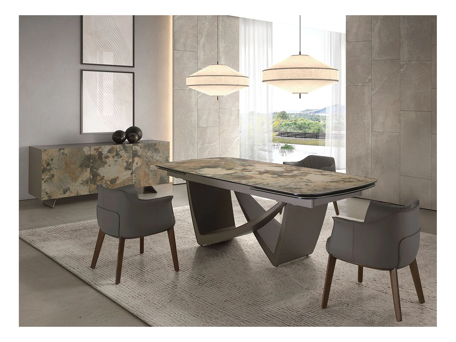 Ovale uitschuifbare eettafel ovaal vat porselein marmer en taupe metallic staal