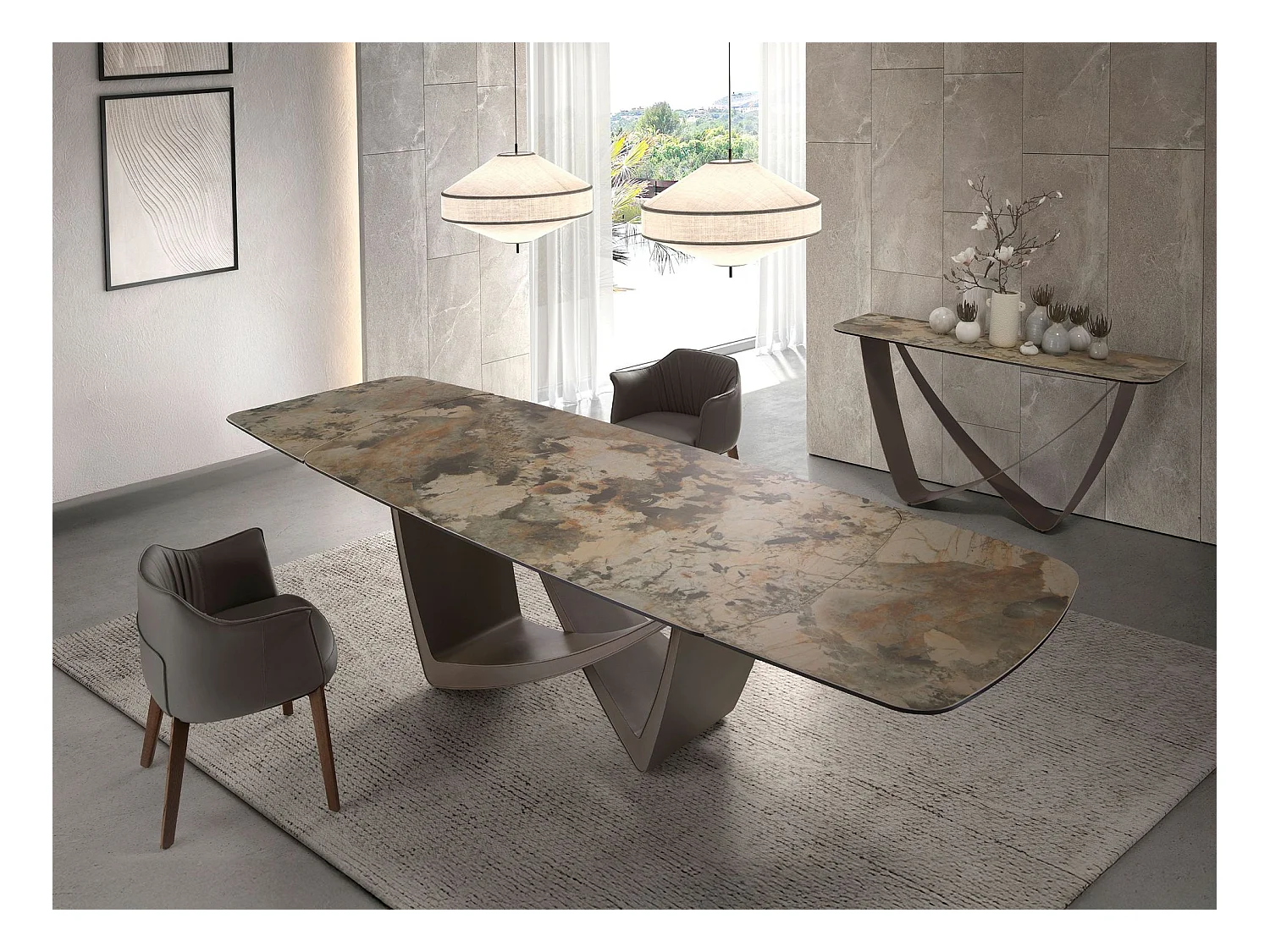 Ovale uitschuifbare eettafel ovaal vat porselein marmer en taupe metallic staal