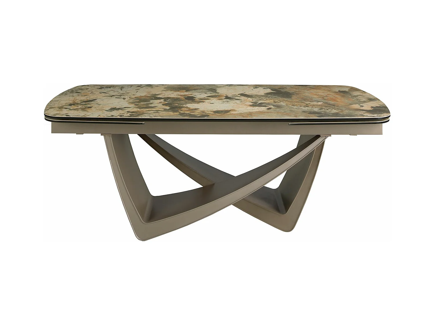 Ovale uitschuifbare eettafel ovaal vat porselein marmer en taupe metallic staal