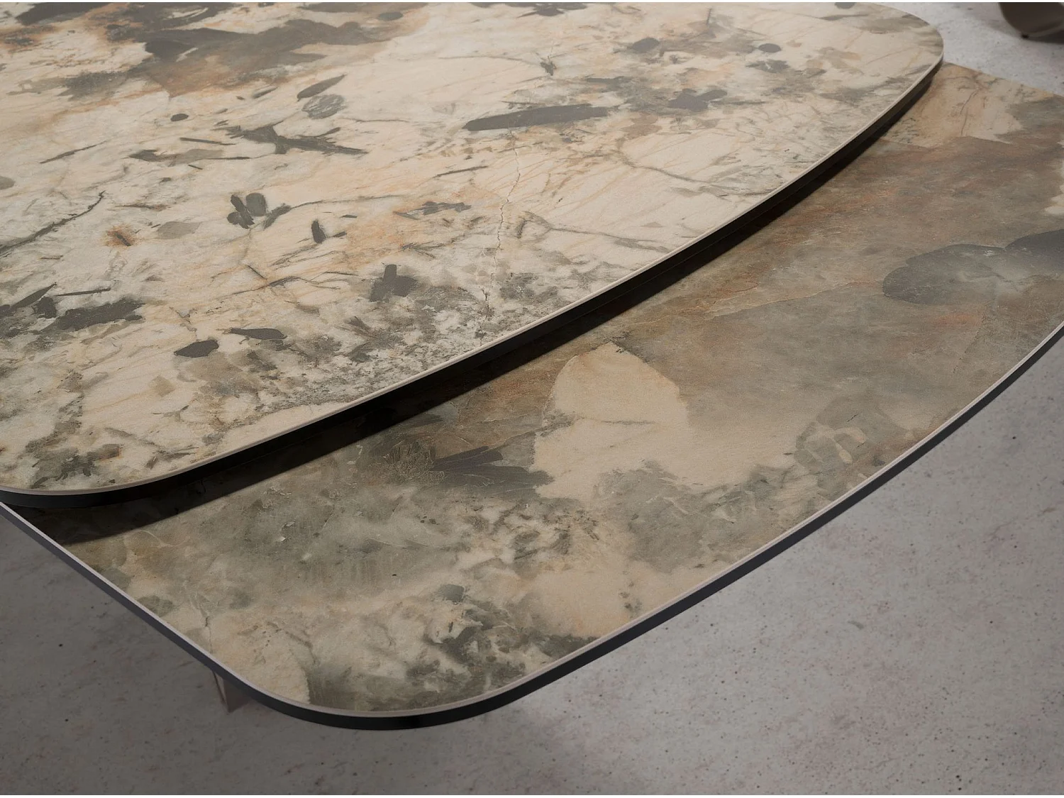 Table de salle à manger à rallonge ovale tonneau marbre porcelaine et acier taupe métallisé 1152 ANGEL CERDA