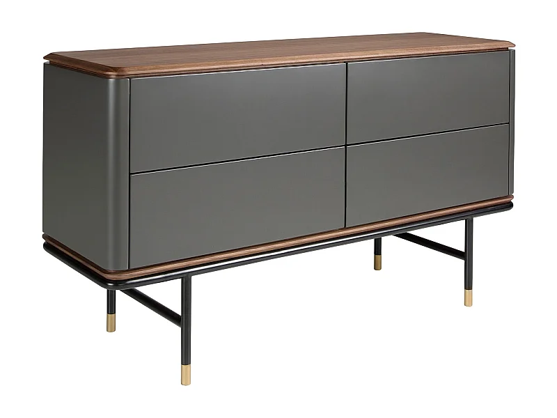 Cassettiera in legno grigio scuro opaco, acciaio nero e piano in noce