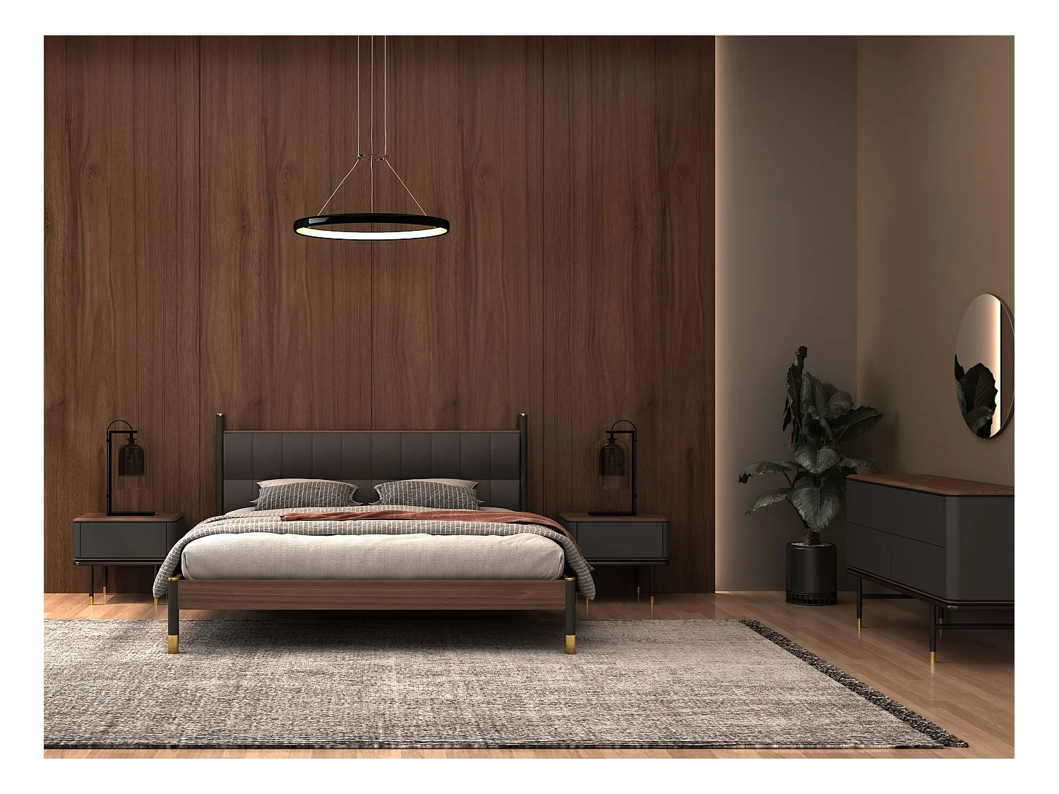 Cassettiera in legno grigio scuro opaco, acciaio nero e piano in noce 7172 ANGEL CERDA