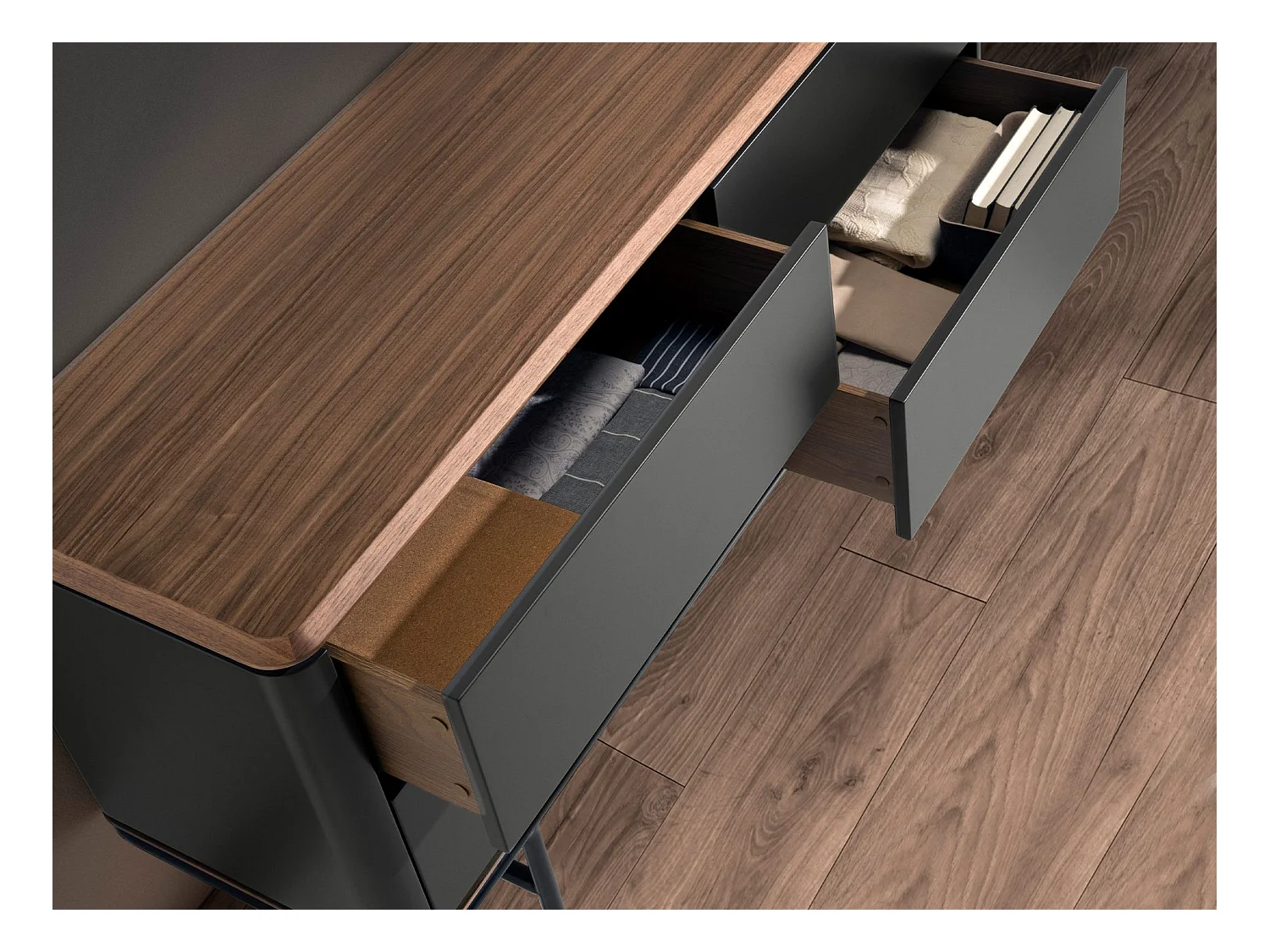 Cassettiera in legno grigio scuro opaco, acciaio nero e piano in noce 7172 ANGEL CERDA