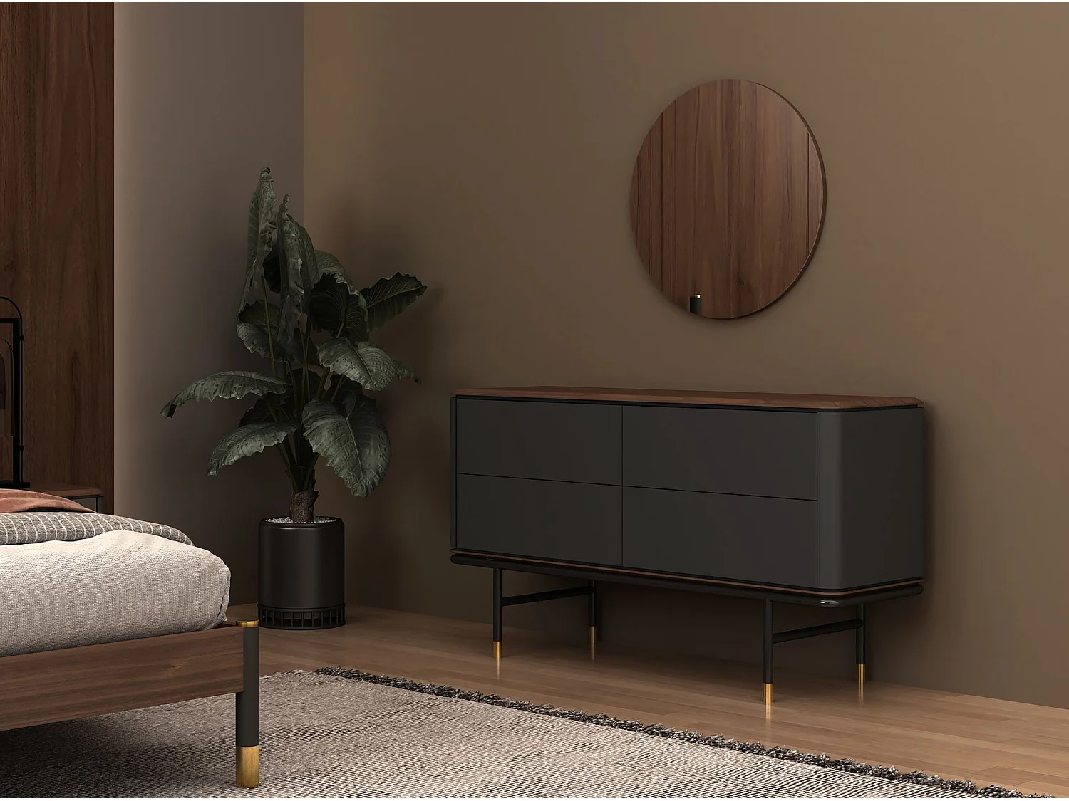 Commode en bois gris foncé mat, acier noir et plateau en noyer 7172 ANGEL CERDA