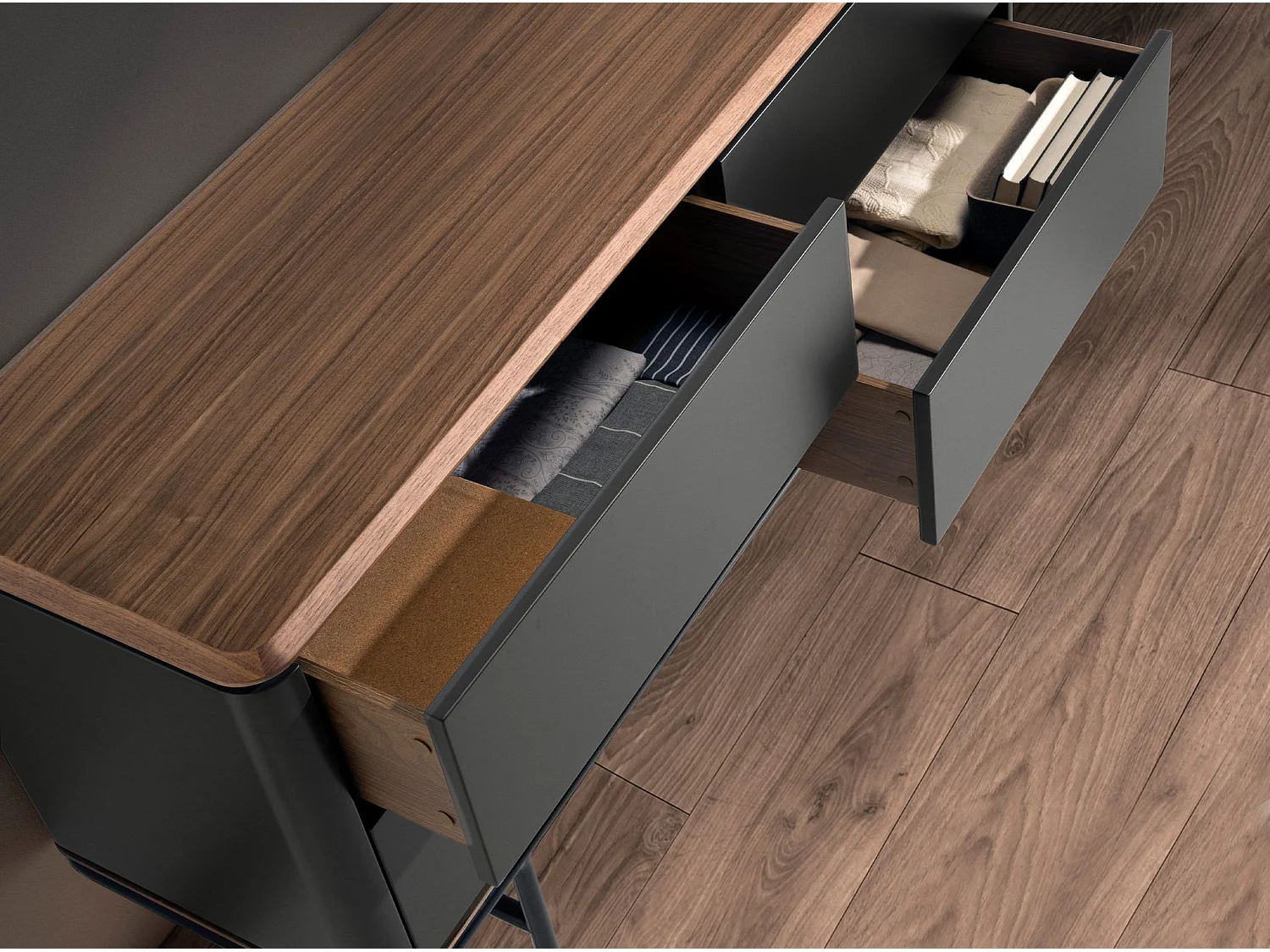 Commode en bois gris foncé mat, acier noir et plateau en noyer 7172 ANGEL CERDA