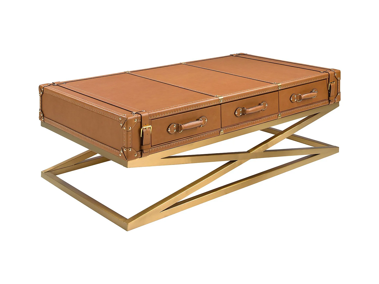 Table basse rectangulaire en cuir et acier doré