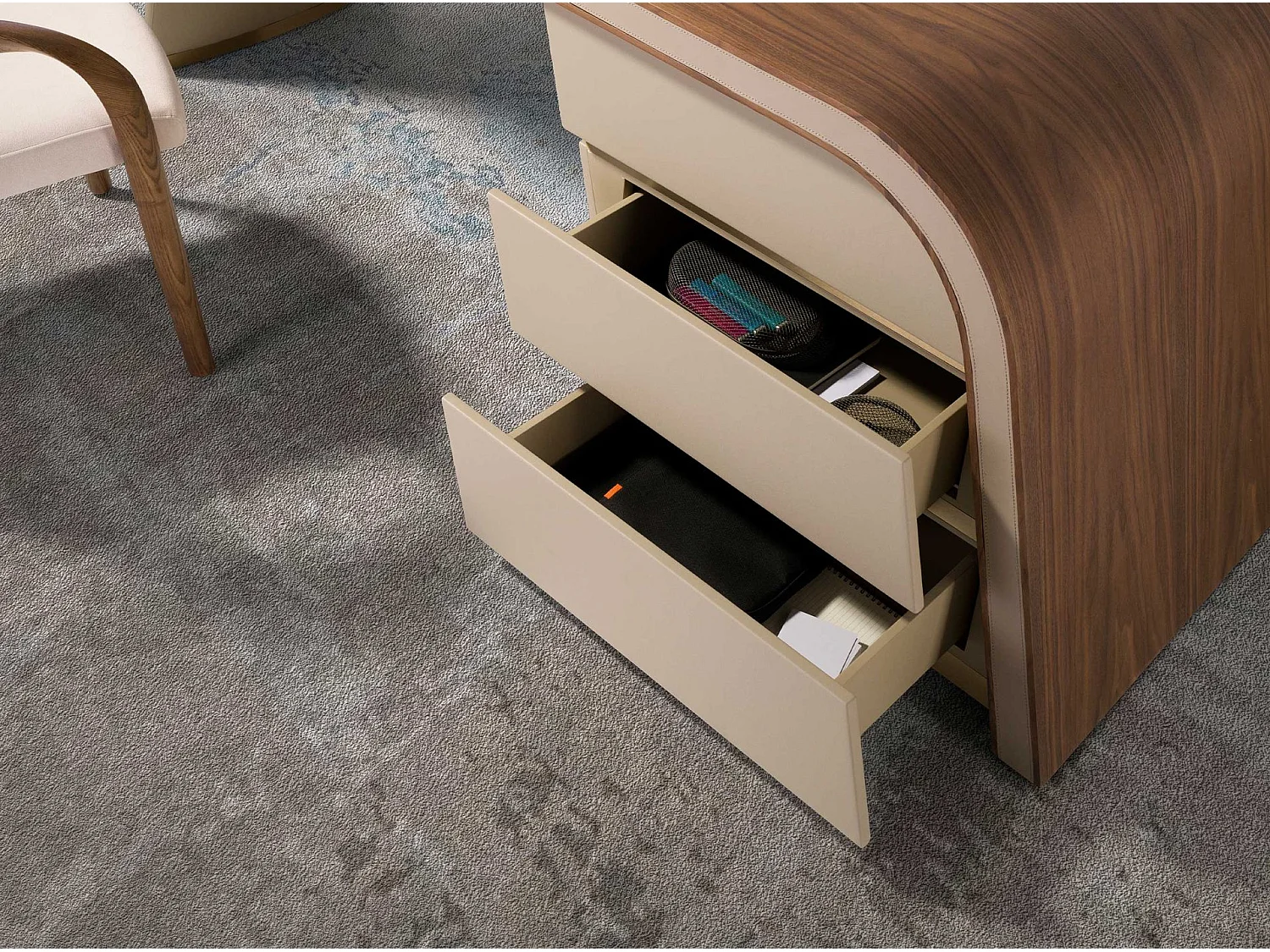 Bureau en noyer et bois recouvert de simili-cuir crème 3268 ANGEL CERDA