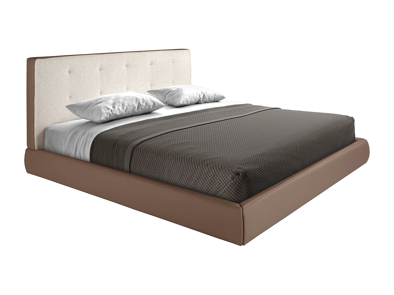 Bett mit braunem Stoff und braunem Ökoleder gepolstert