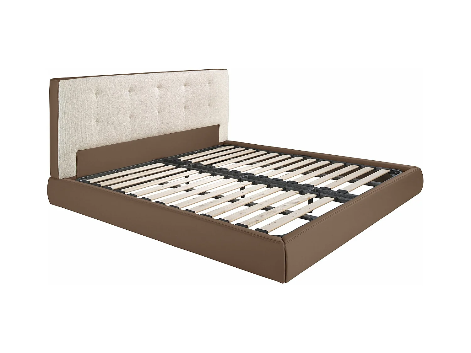 Letto imbottito in tessuto marrone ed ecopelle marrone