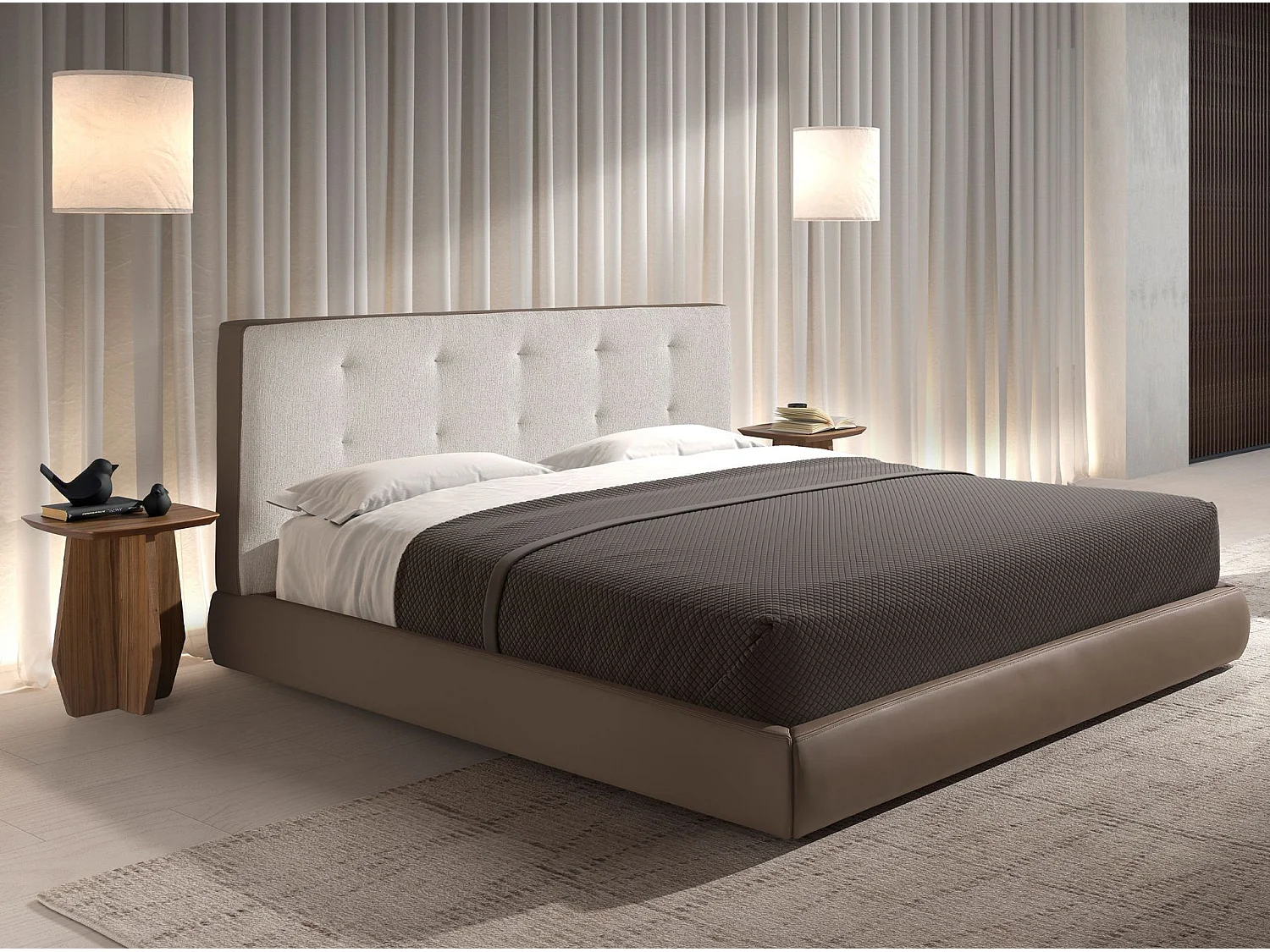 Letto imbottito in tessuto marrone ed similpelle marrone 7174 ANGEL CERDA