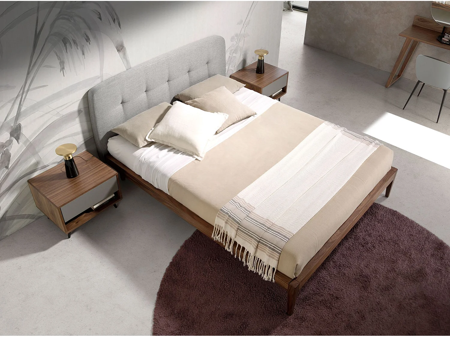 Bett mit braunem Stoff und braunem Ökoleder gepolstert 7174 ANGEL CERDA