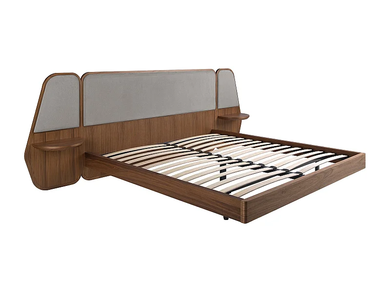 Letto in noce e tessuto grigio