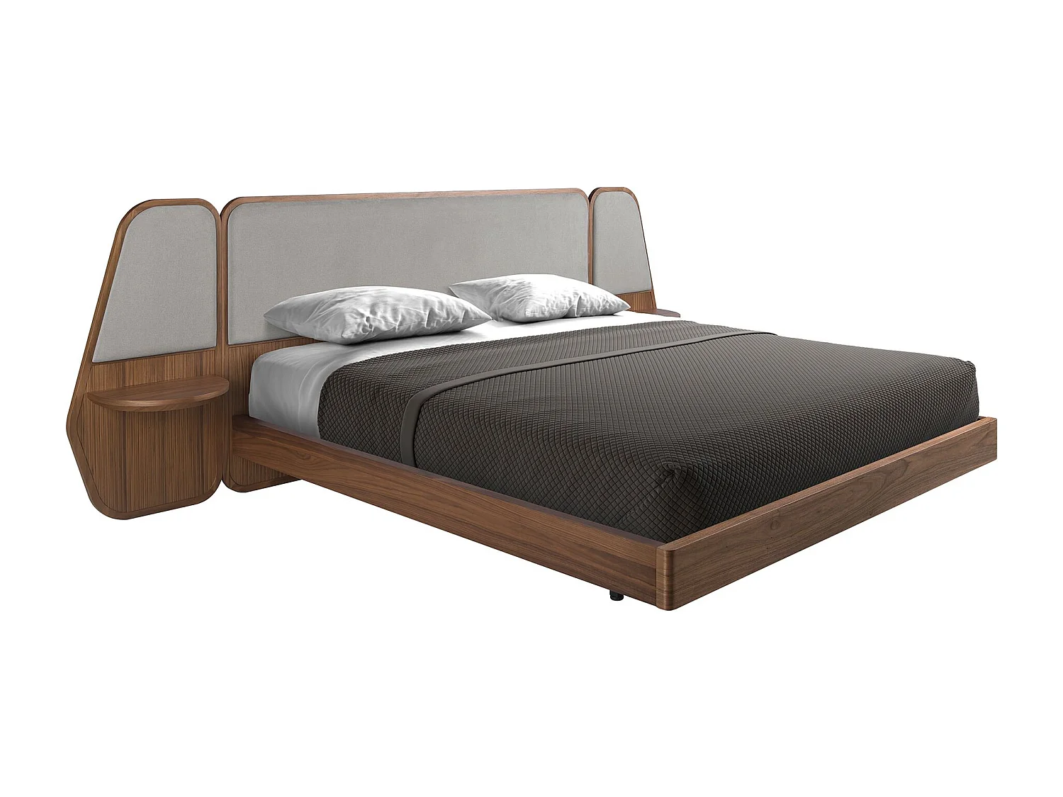 Bett in Walnuss und grauem Stoff