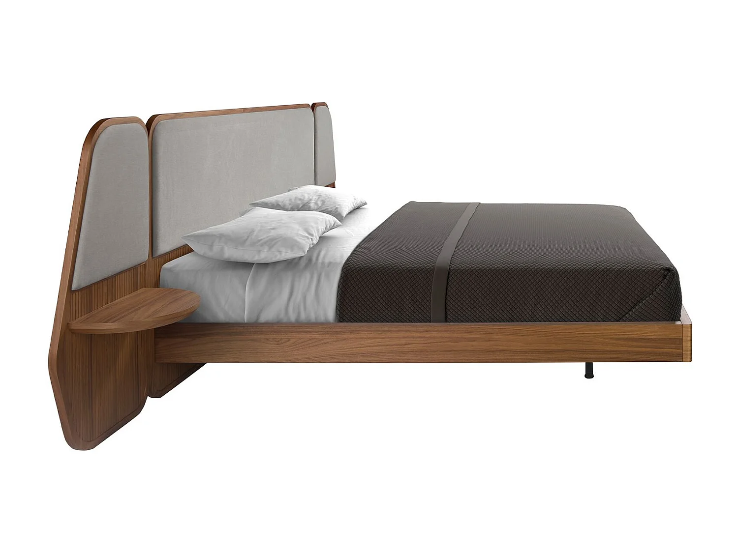 Bett in Walnuss und grauem Stoff