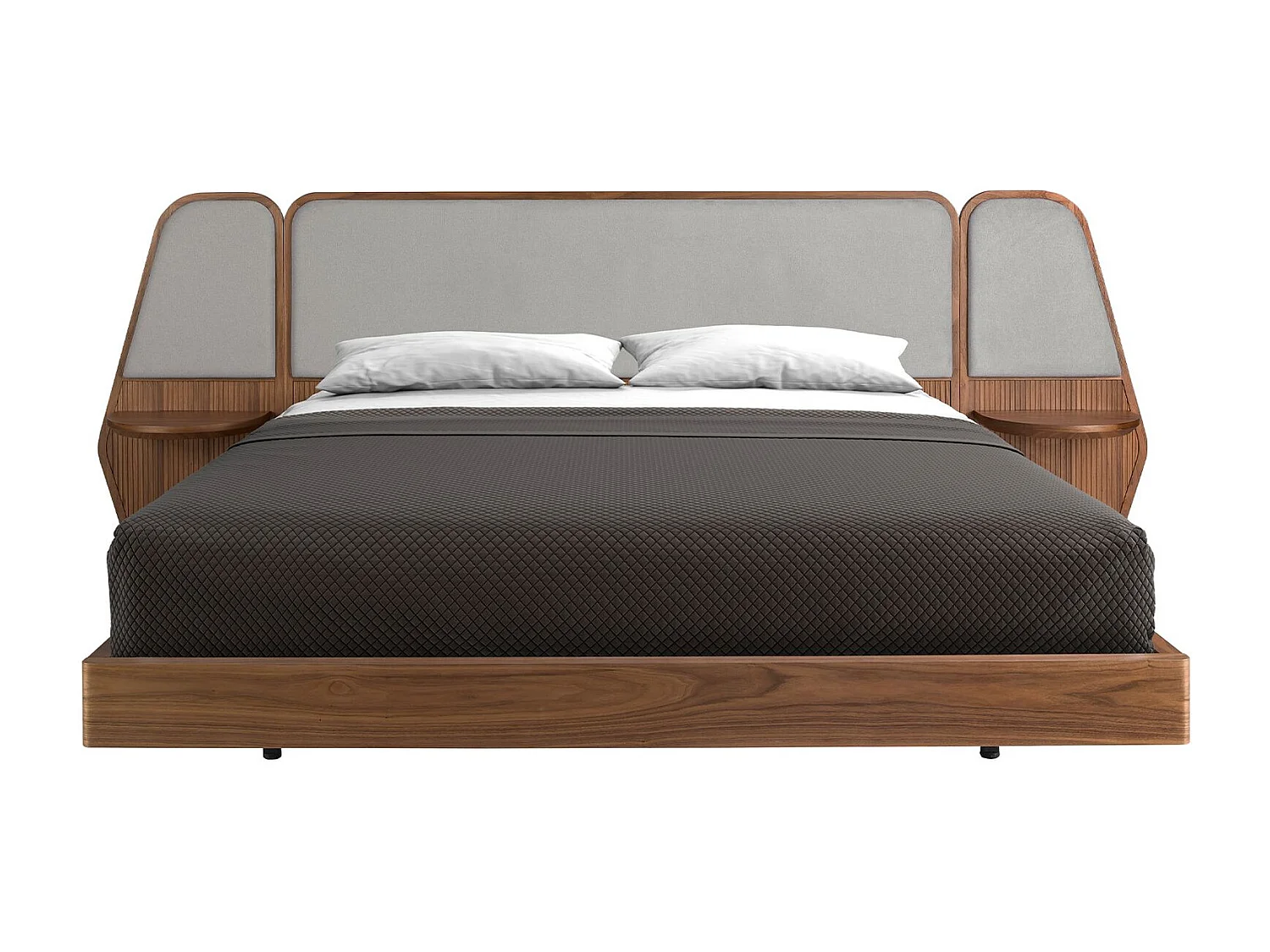 Bett in Walnuss und grauem Stoff