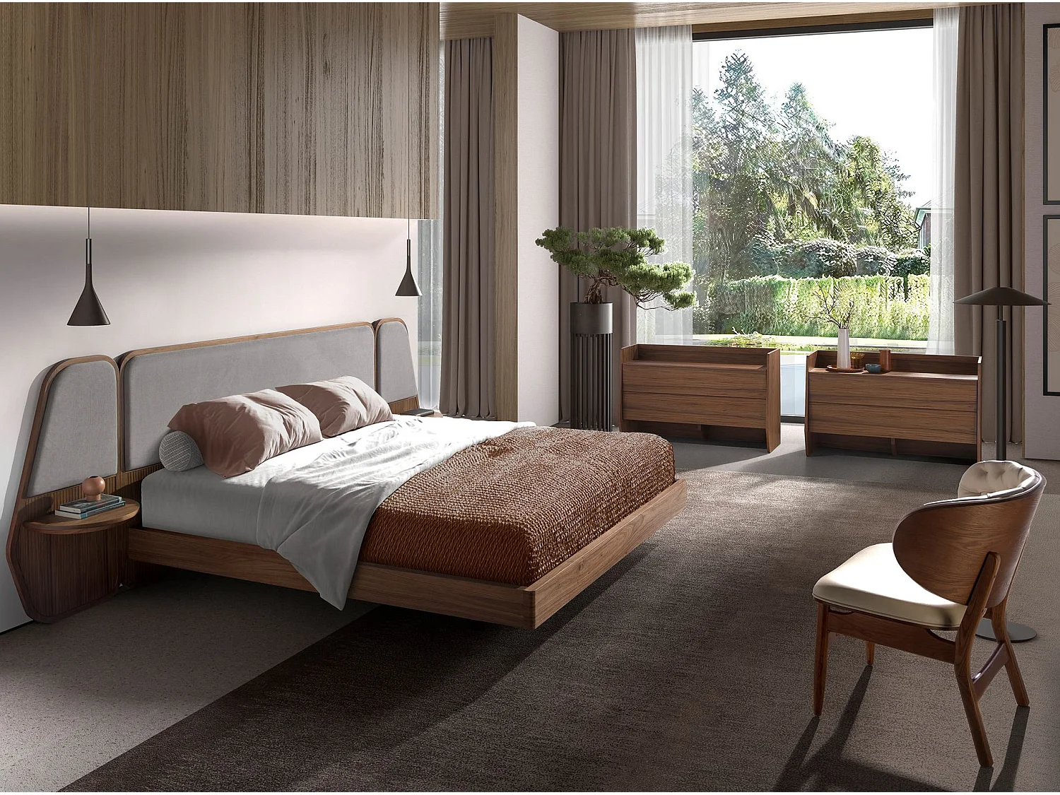 Lit en noyer et tissu gris 7175 ANGEL CERDA