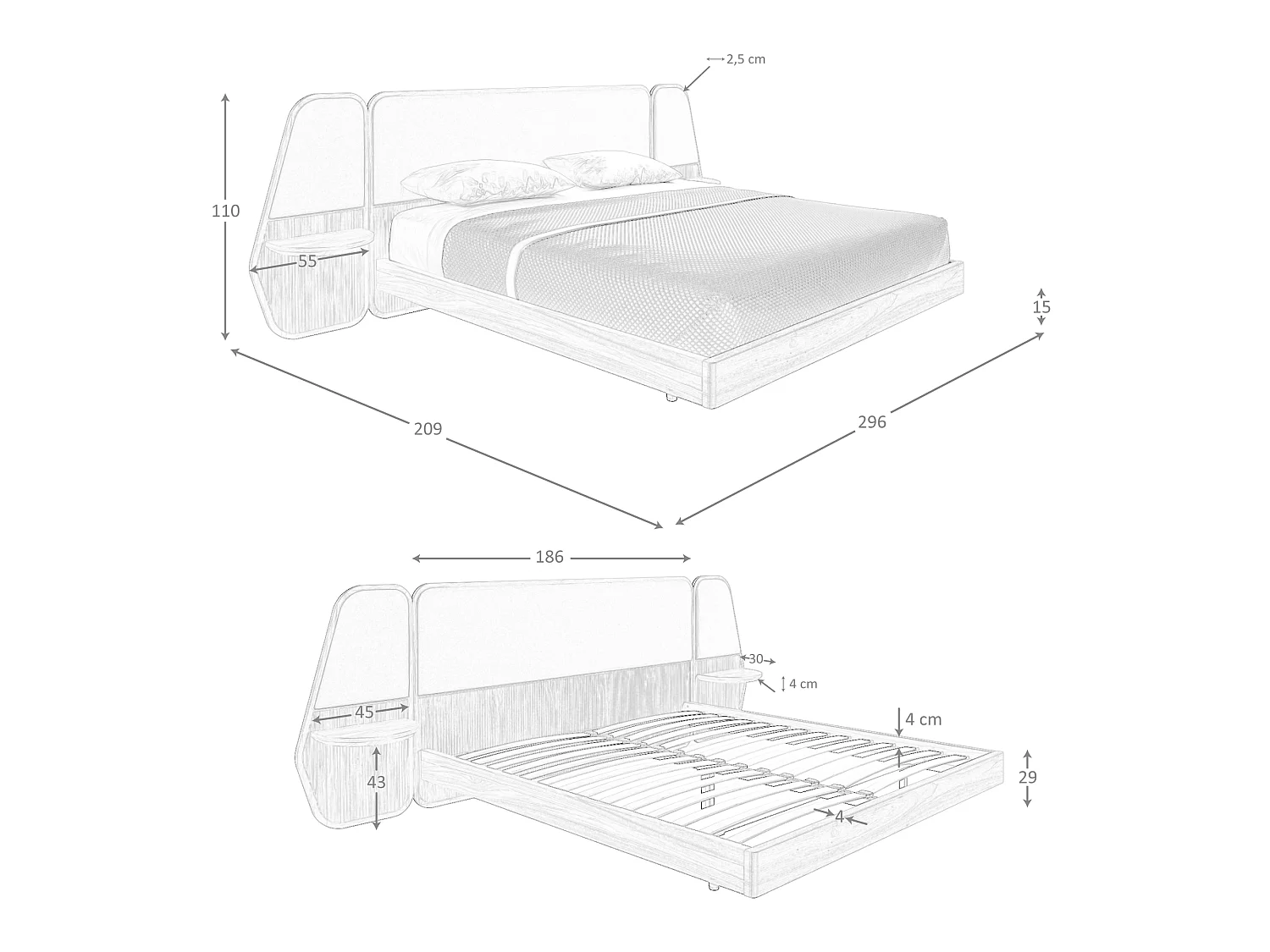 Lit en noyer et tissu gris 7175 ANGEL CERDA