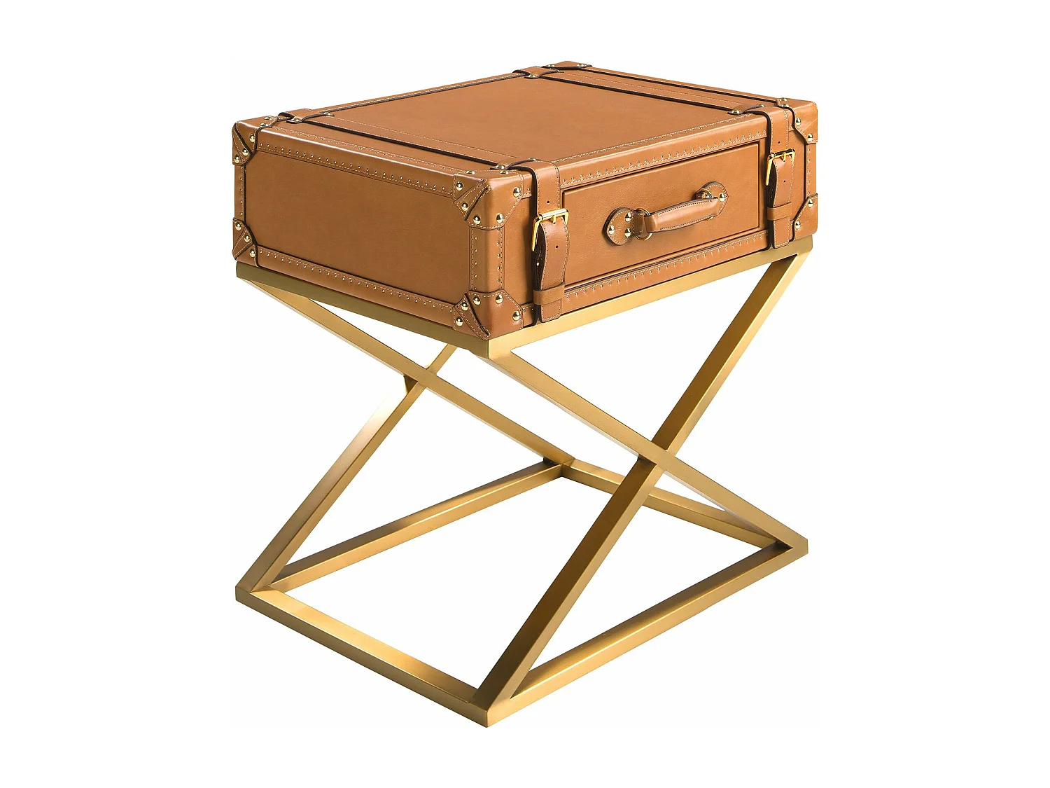 Tavolino rettangolare in pelle e acciaio dorato