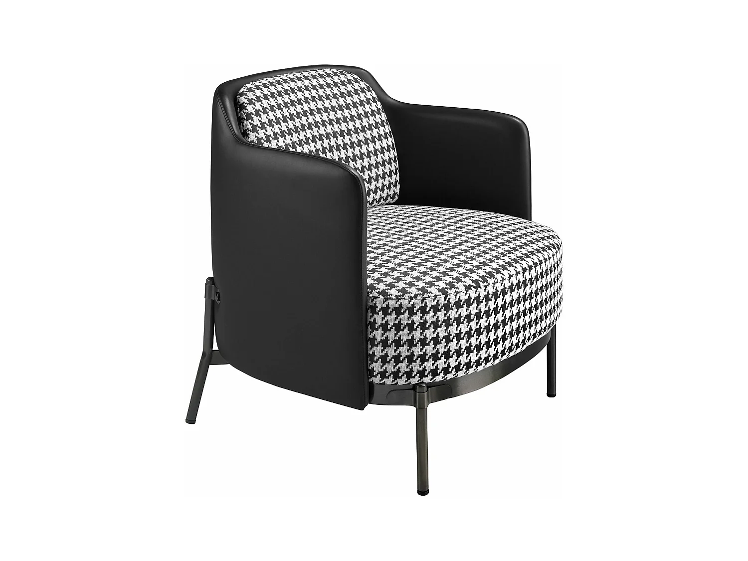 Fauteuil van zwart en wit stof en zwart kunstleer