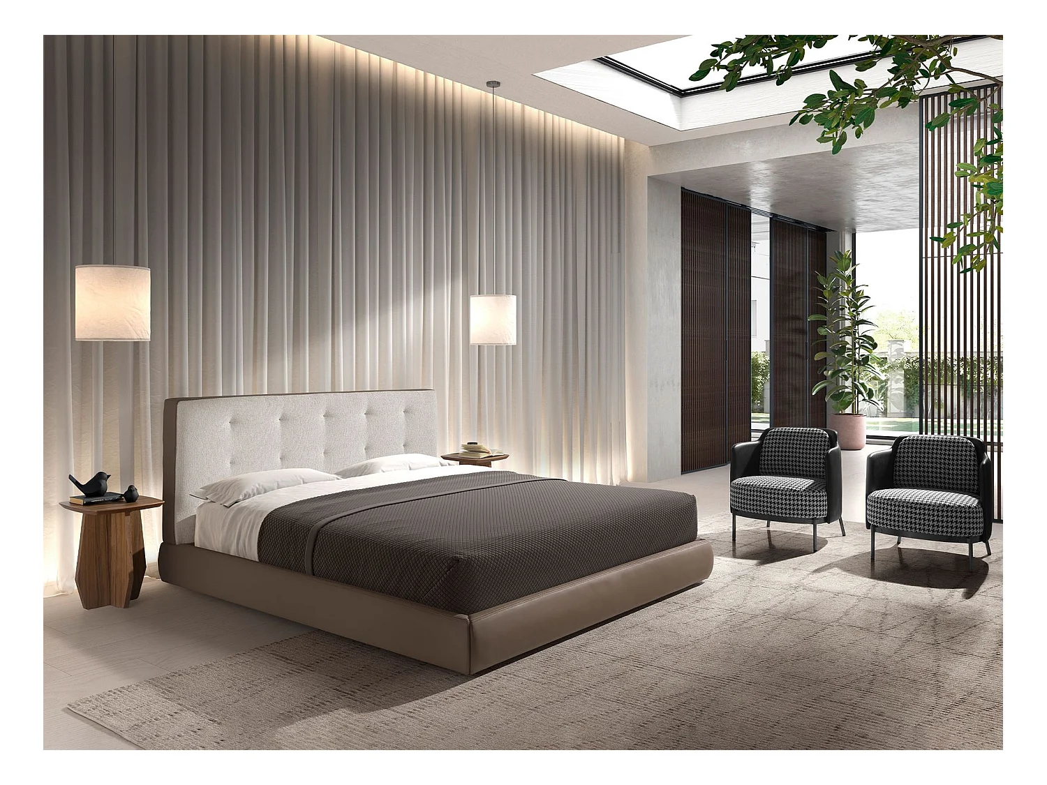 Fauteuil van zwart en wit stof en zwart kunstleer