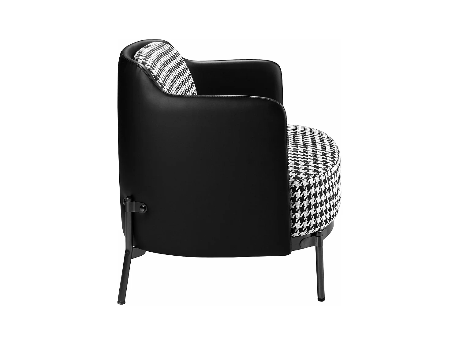 Fauteuil van zwart en wit stof en zwart kunstleer