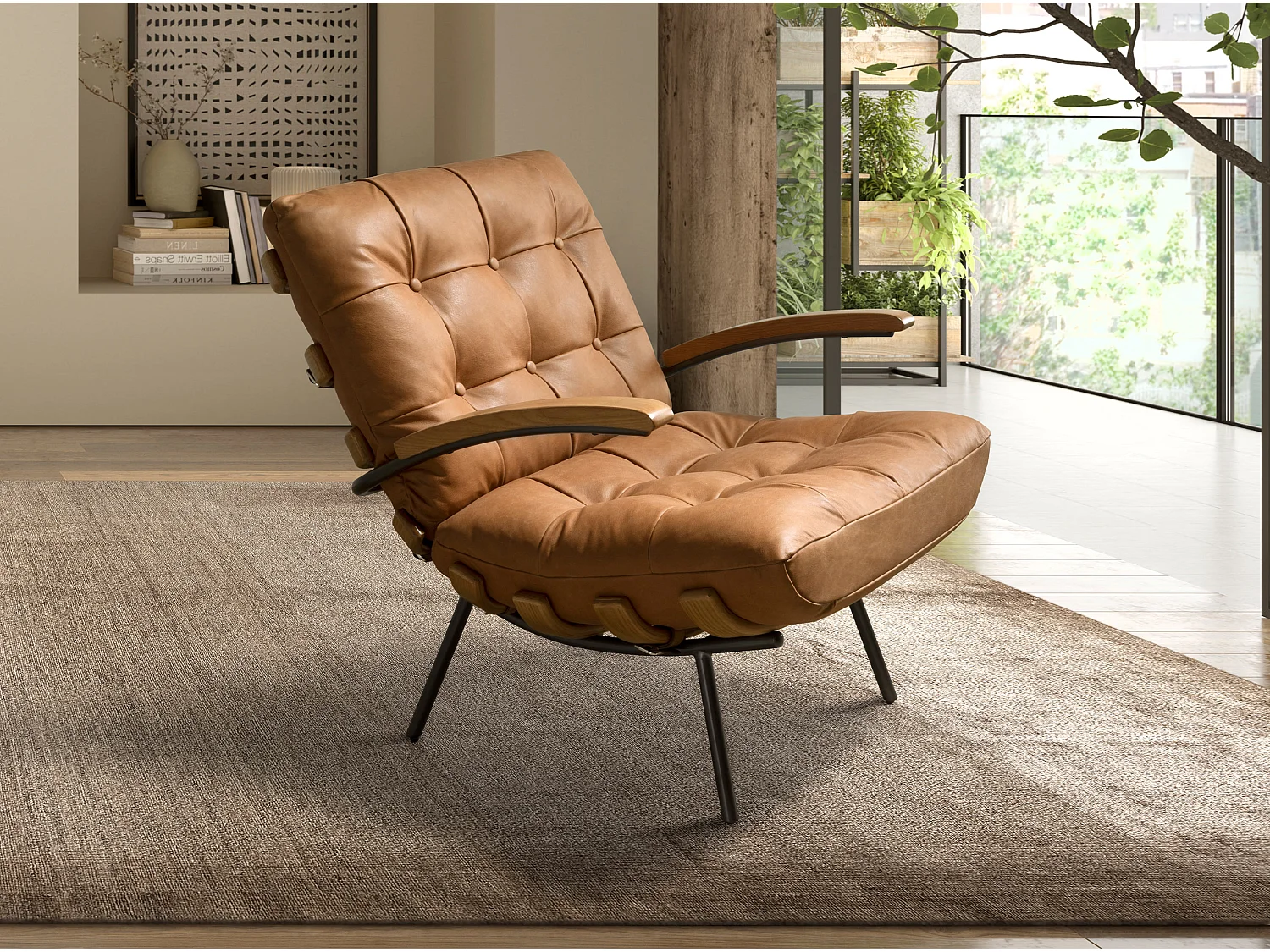 Sillón piel marrón y fresno