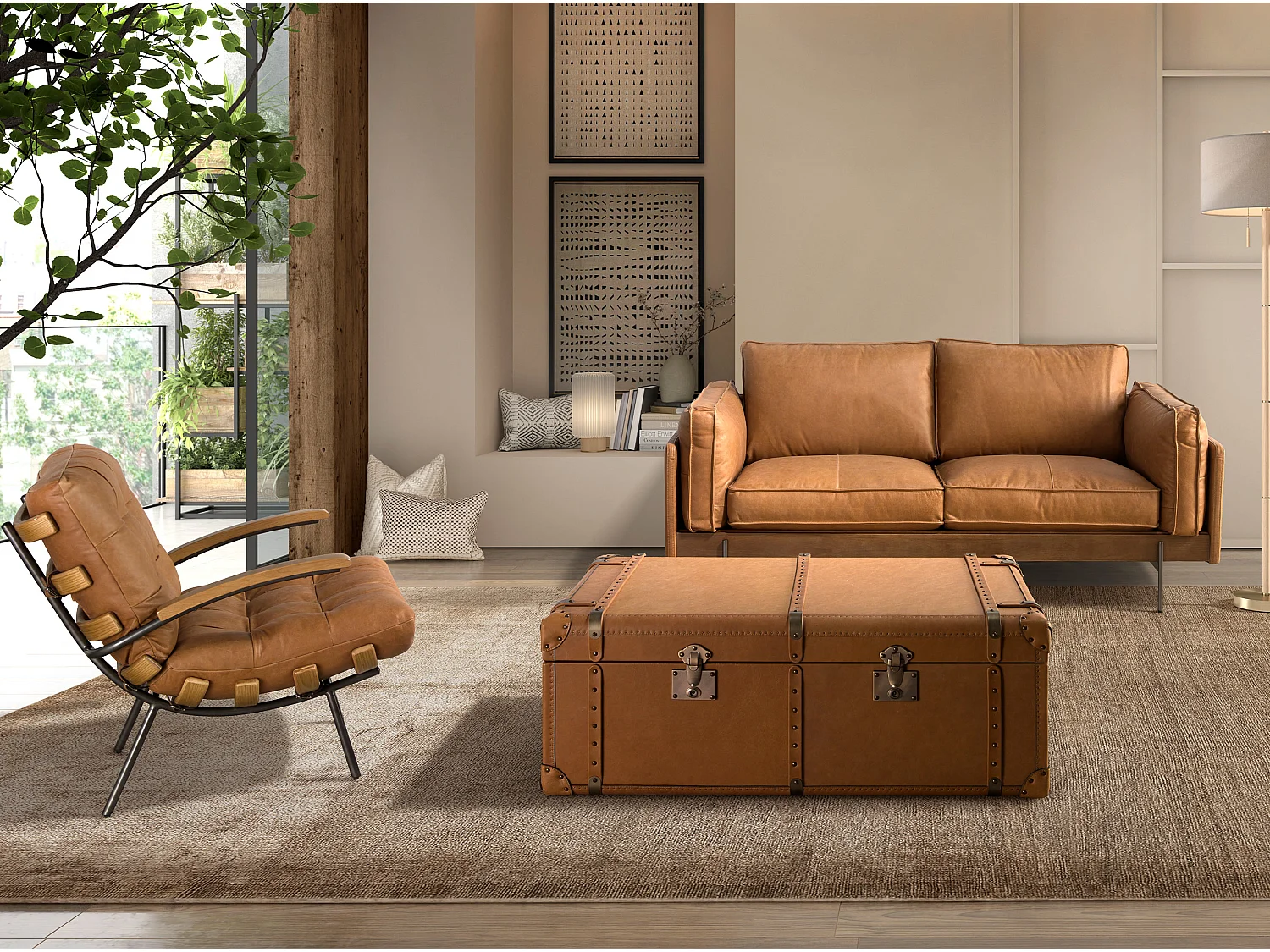 Sillón piel marrón y fresno