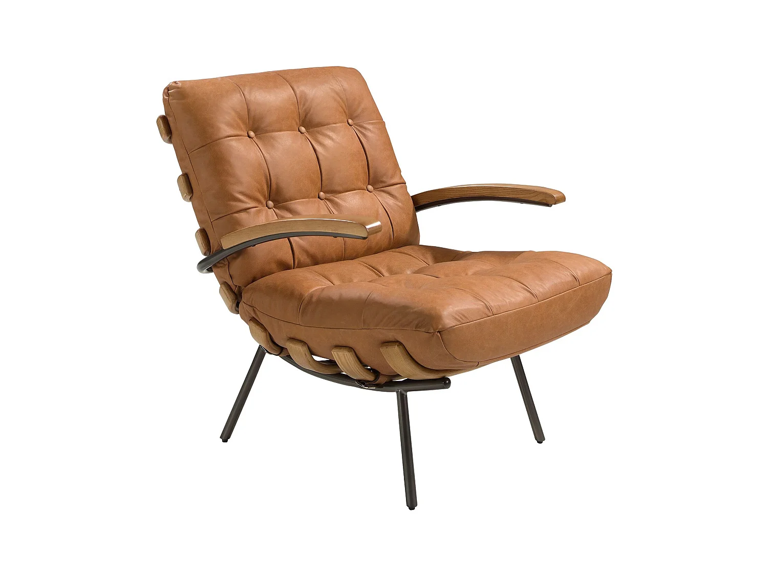 Fauteuil en cuir marron et frêne