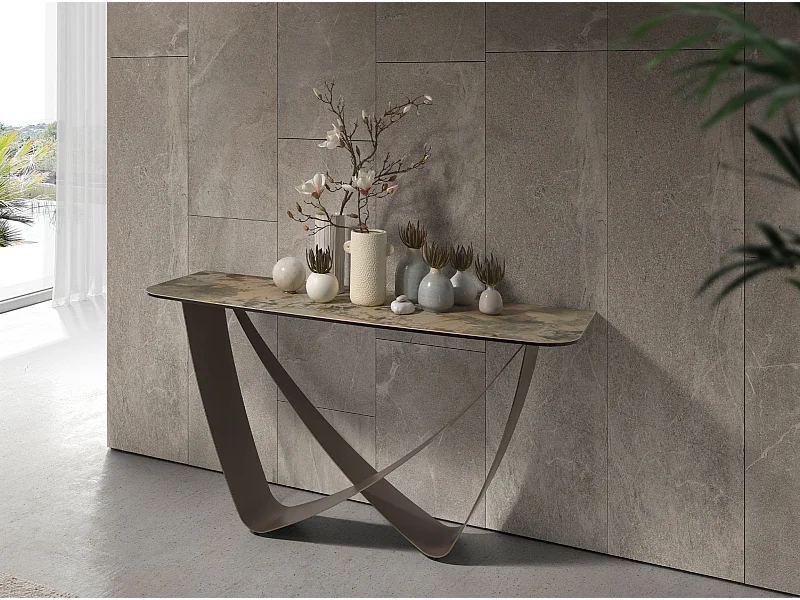 Prostokątny stolik konsolowy z porcelanowego marmuru i metalicznej stali w kolorze taupe 3269 ANGEL CERDA