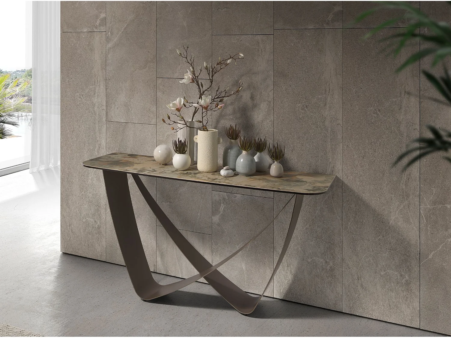 Table console rectangulaire en marbre porcelaine et acier métallique taupe 3269 ANGEL CERDA