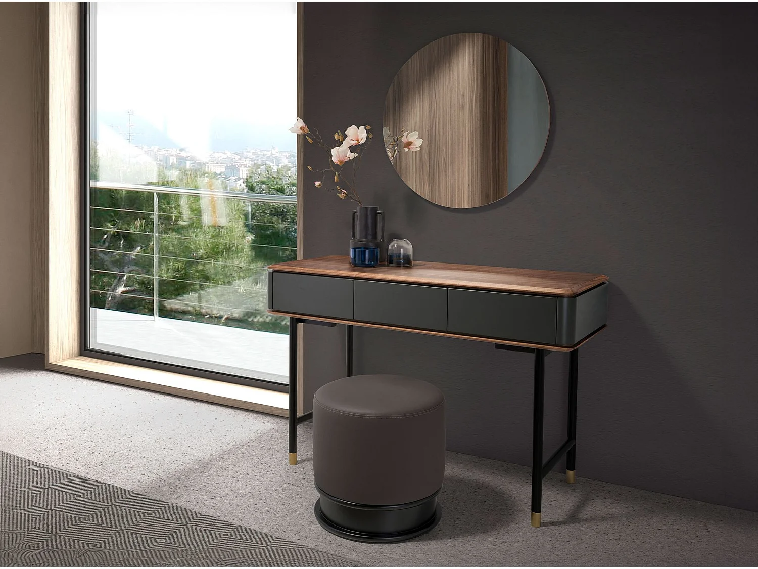 Console rectangulaire en noyer, bois gris foncé mat et acier noir 7171 ANGEL CERDA