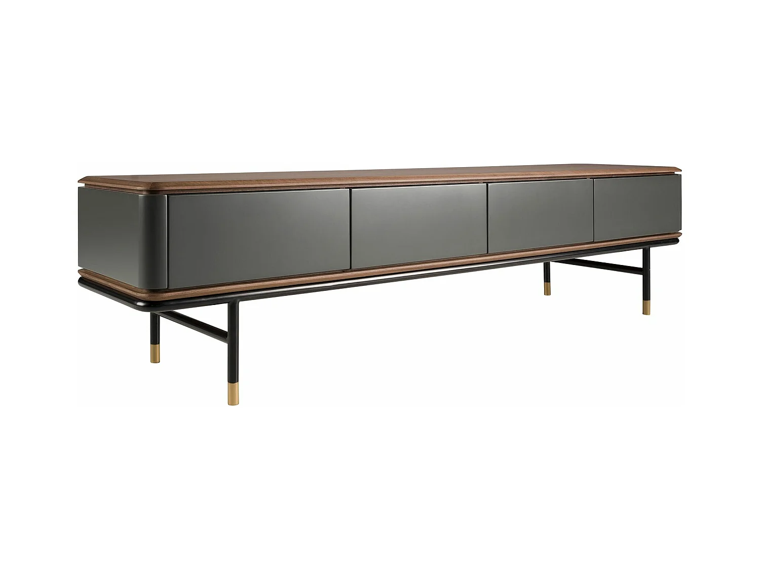 Meuble TV en bois gris foncé mat, acier noir et plateau en noyer