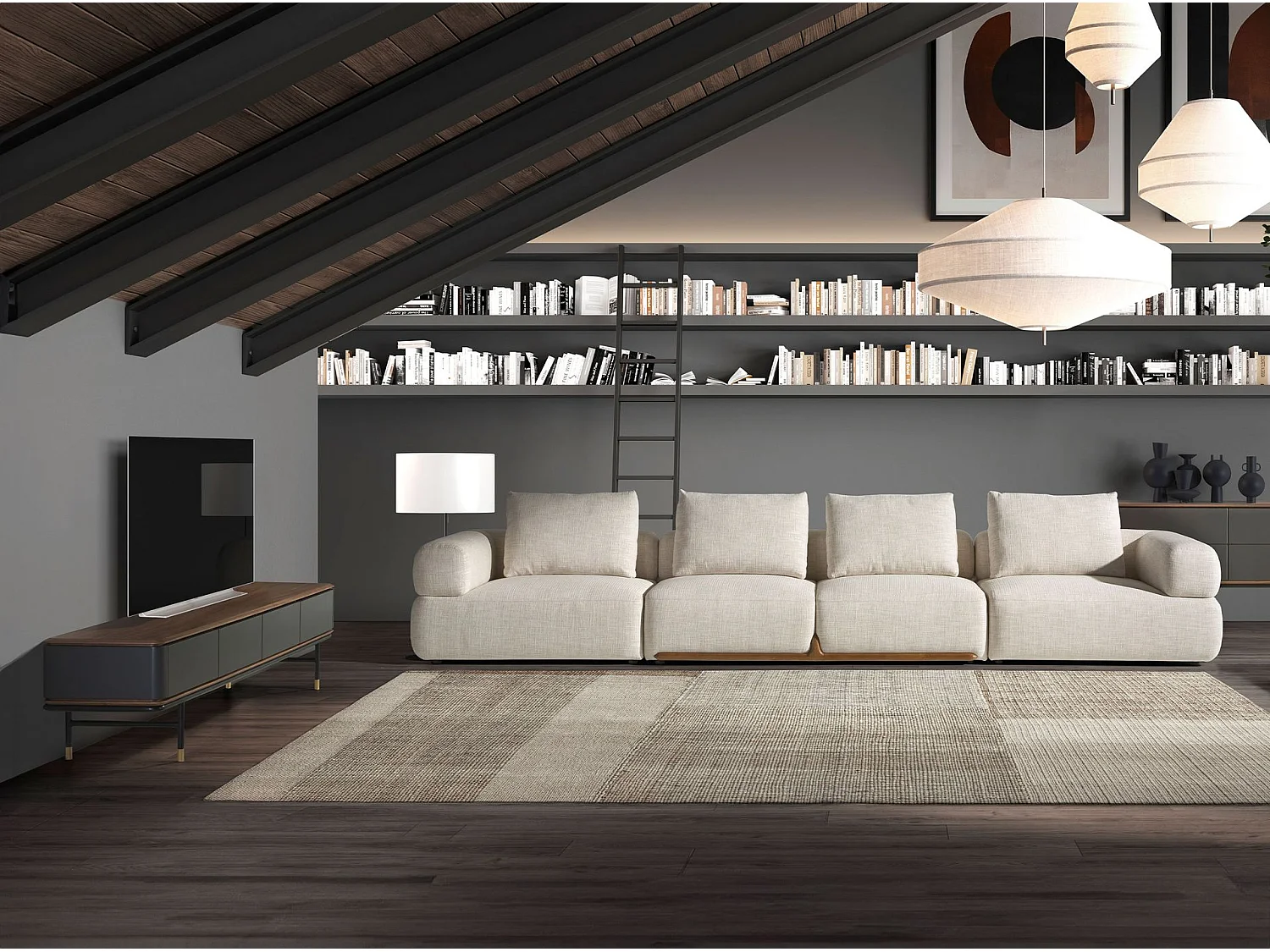 TV-meubel in mat donkergrijs hout, zwart staal en walnoot blad 3265 ANGEL CERDA