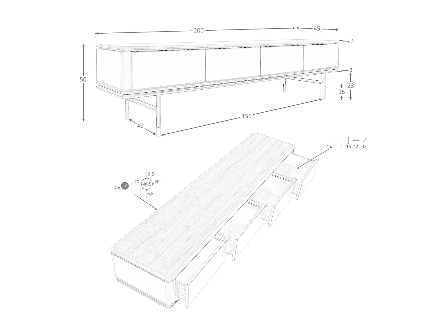 TV-meubel in mat donkergrijs hout, zwart staal en walnoot blad 3265 ANGEL CERDA