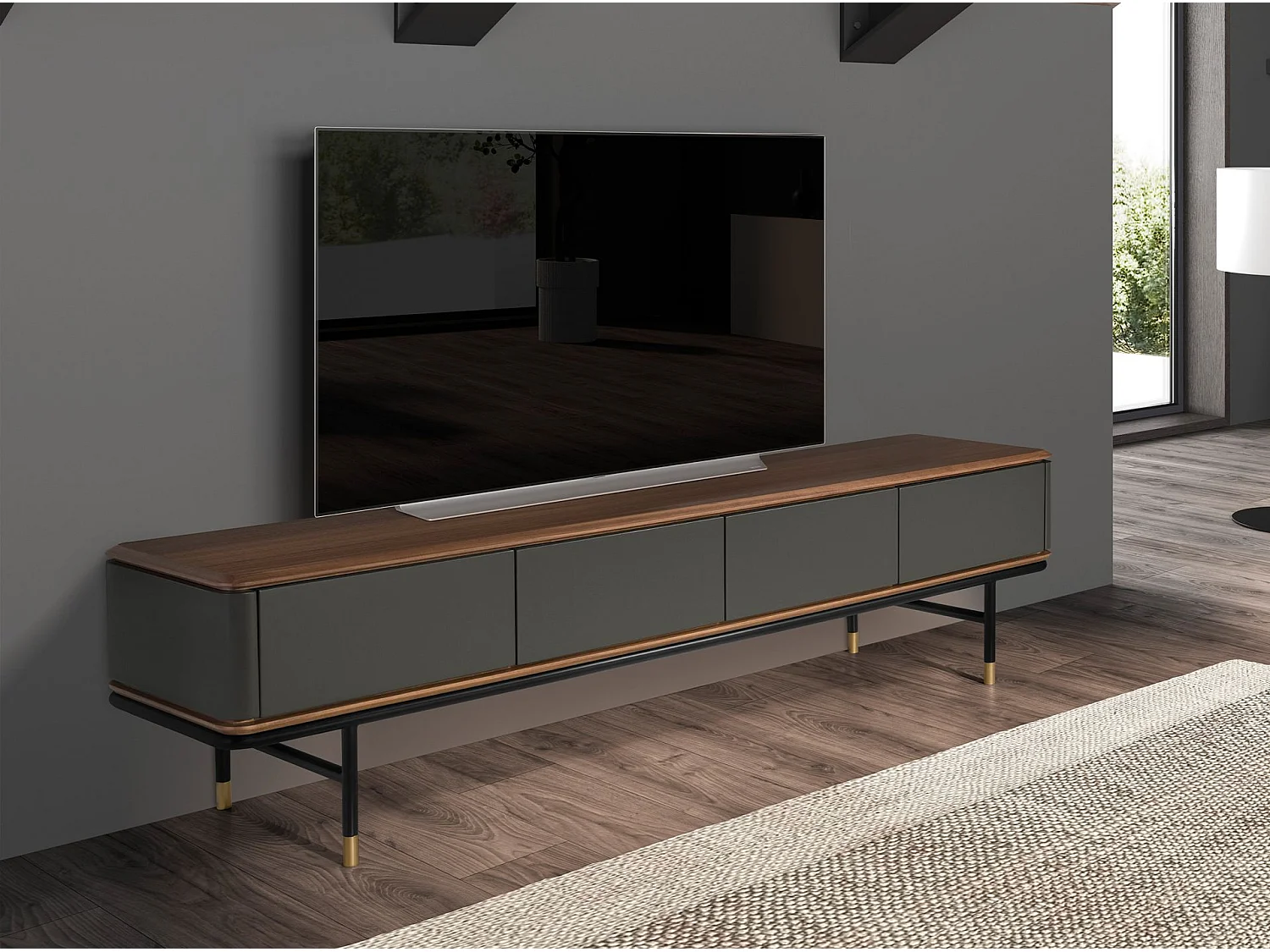 TV stand in matt dark grey wood, black steel and walnut top 3265 ANGEL CERDA